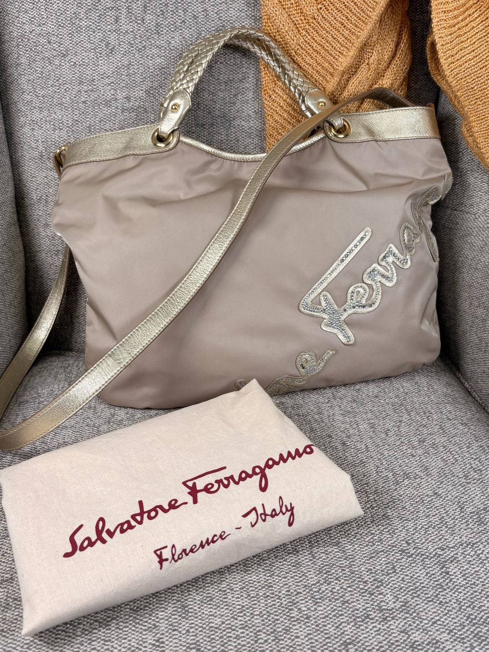 Salvatore Ferragamo Beige Nylon Shoulder Bag with Metallic Gold Trim
